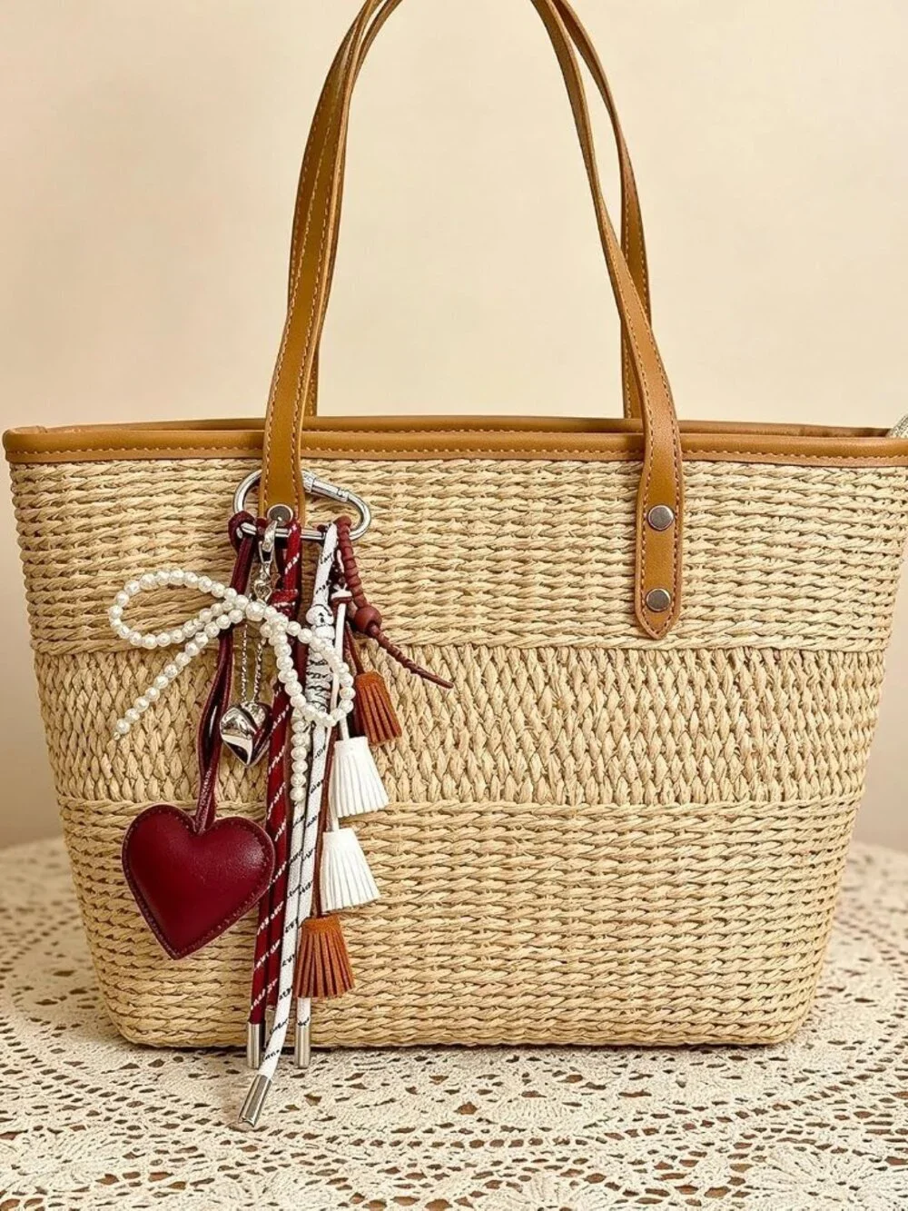 Heart Tassel Bow Beaded Braided Keychain Bag Charms for Handbag Purse Backpack A